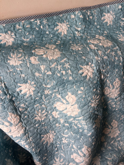 Blue Floral Garden Handblock Printed Reversible Quilted Cotton Bedcover Set-106x108