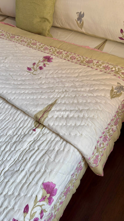 Dusty Mulberry Handblock Reversible Mulmul Cotton Quilt (Ivory White)