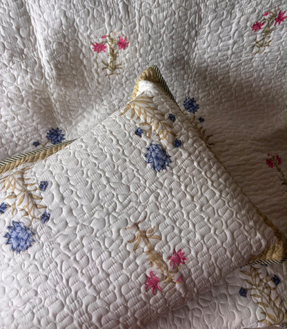 Pink & Blue Floral Handblock Printed Reversible Quilted Cotton Bedcover Set-106x108