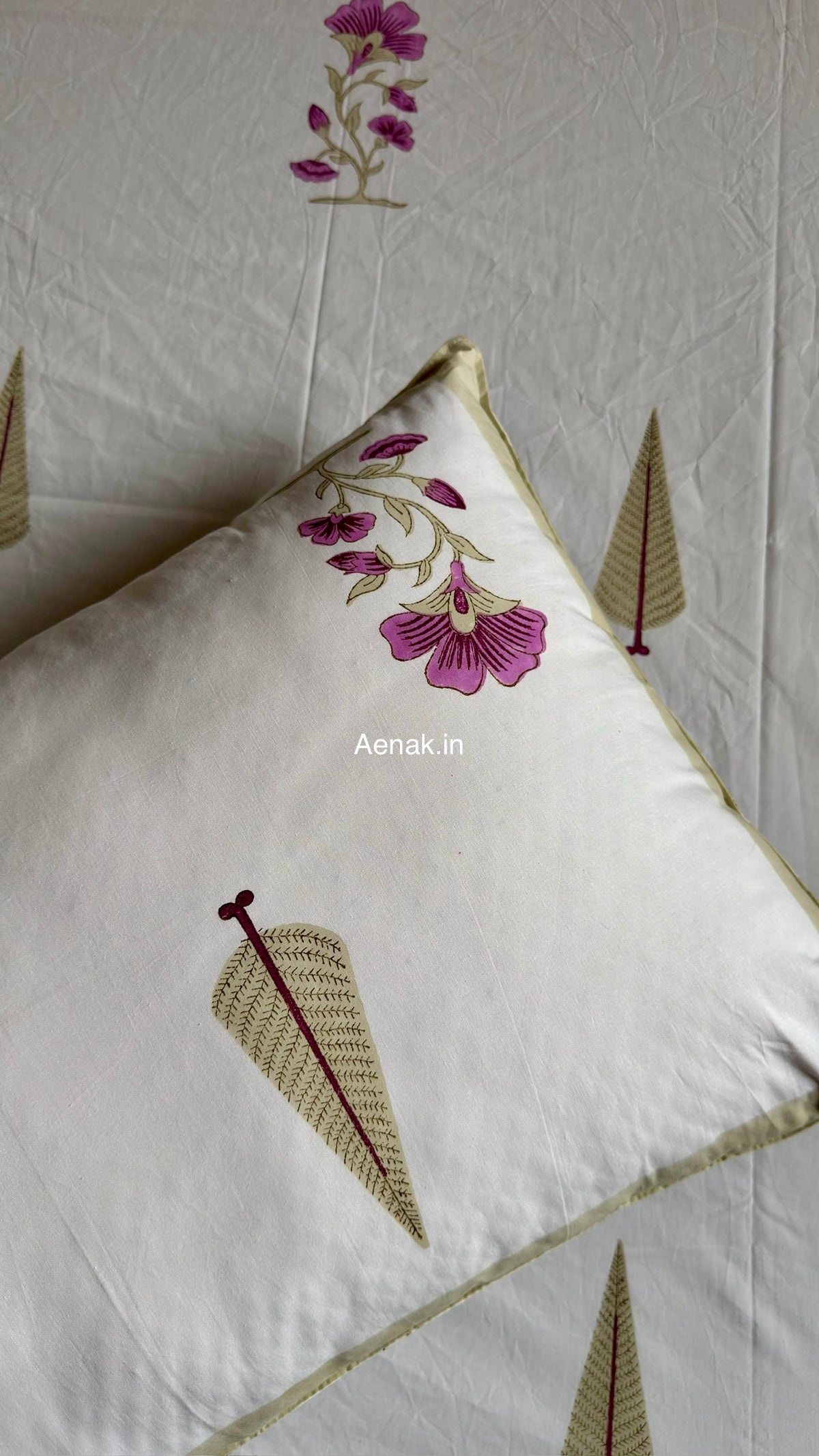 Dusty Mulberry Handblock Bedsheet + Quilted Bedcover Combo (Ivory White)