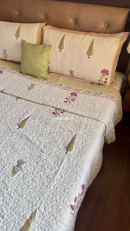 Dusty Mulberry Handblock Bedsheet + Quilted Bedcover Combo (Ivory White)