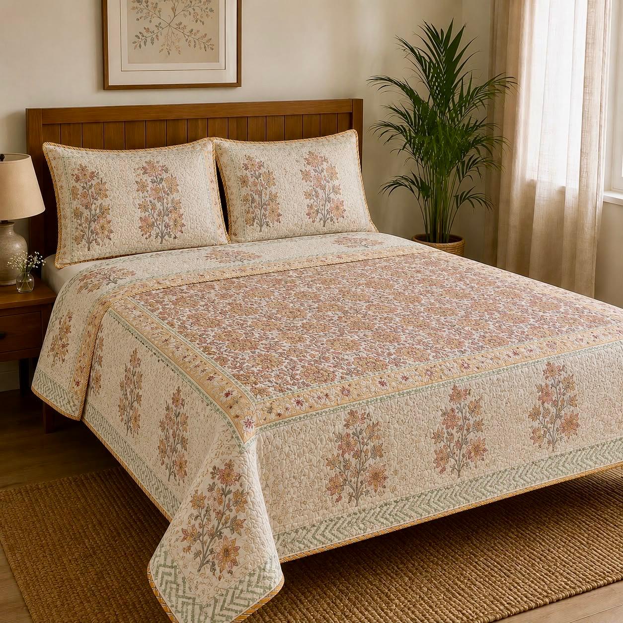 Peach Floral Jaal Handblock Printed Reversible Quilted Bedcover Set