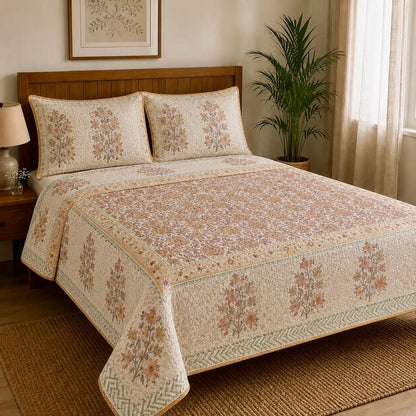 Peach Floral Jaal Handblock Printed Reversible Quilted Bedcover Set