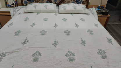 Sea Green Blossom Handblock Bedsheet + Quilted Bedcover Combo Set