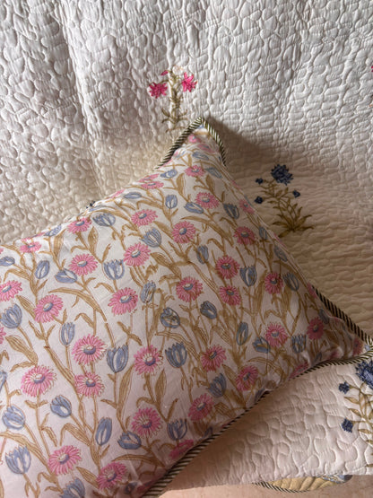 Pink & Blue Floral Handblock Printed Reversible Quilted Cotton Bedcover Set-106x108