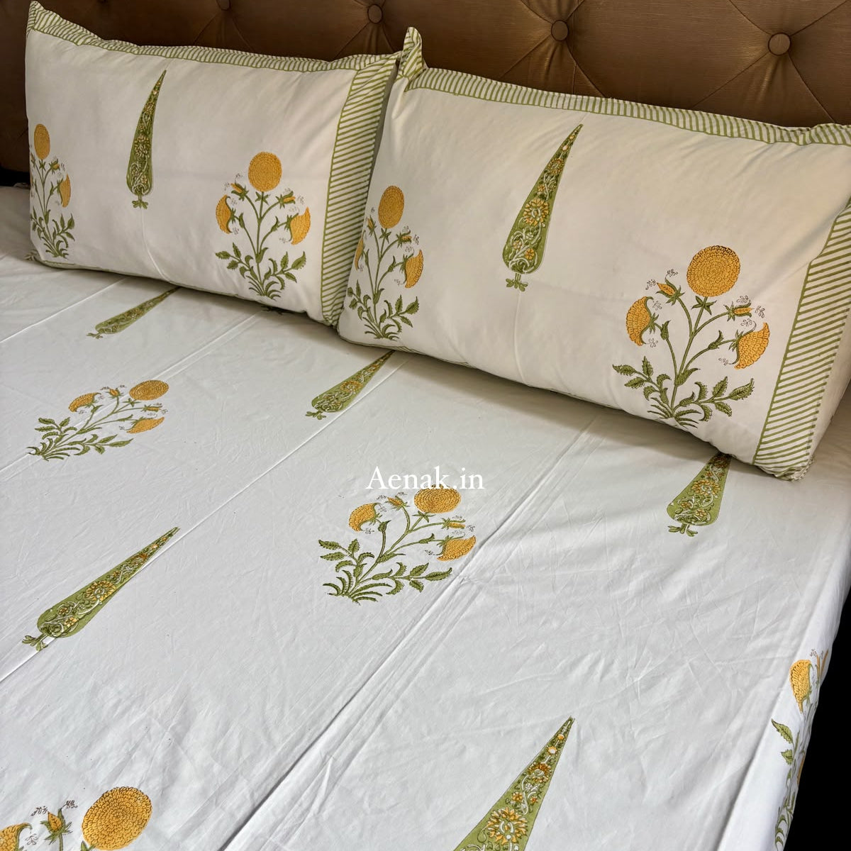 Yellow Dahlia Handblock Bedsheet + Quilt Combo Set