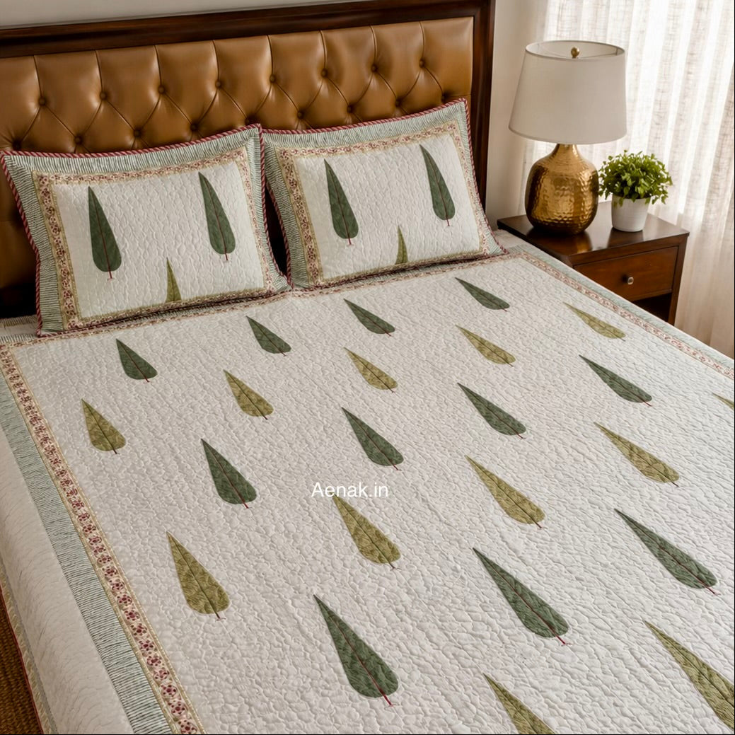 Green Cypress Handblock Printed Reversible Quilted Bedcover Set