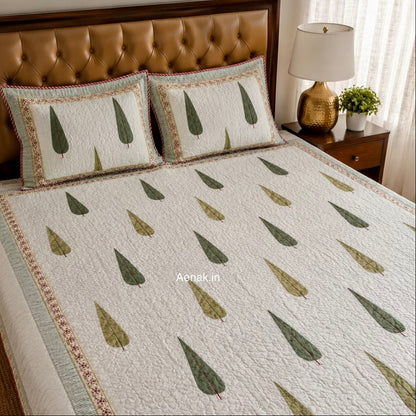 Green Cypress Handblock Printed Reversible Quilted Bedcover Set