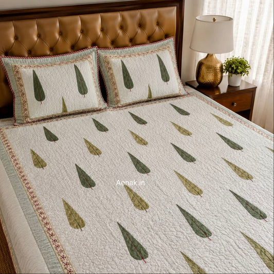 Green Cypress Handblock Bedsheet + Quilted Bedcover Combo Set
