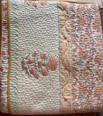 Peach Floral Jaal Handblock Printed Reversible Quilted Bedcover Set