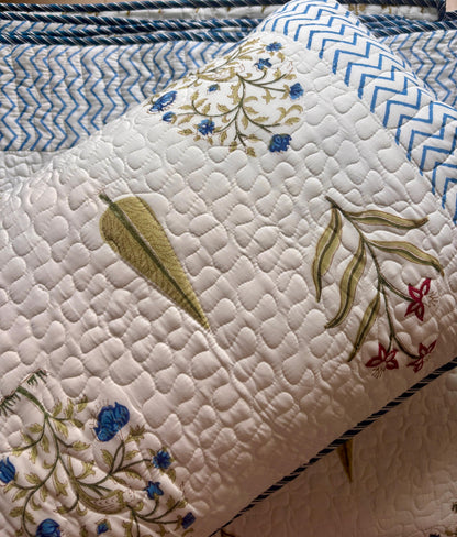 Pink Blue Cypress Boota Handblock Reversible Quilted Cotton Bedcover Set-106x108