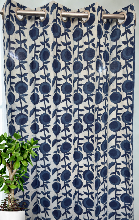 Blue Floral Eyelet Handblock Curtains