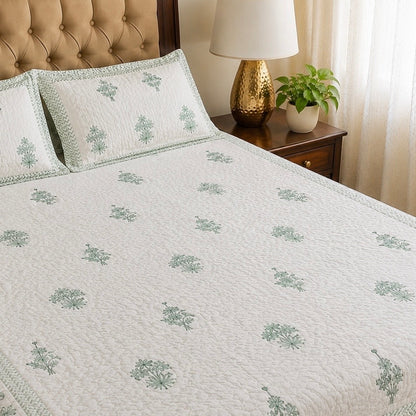 Sea Green Blossom Handblock Bedsheet + Quilted Bedcover Combo Set