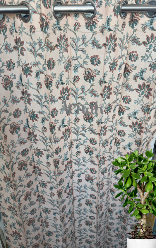 Blue Brown Floral Floral Eyelet Handblock Curtains (Peach Base)