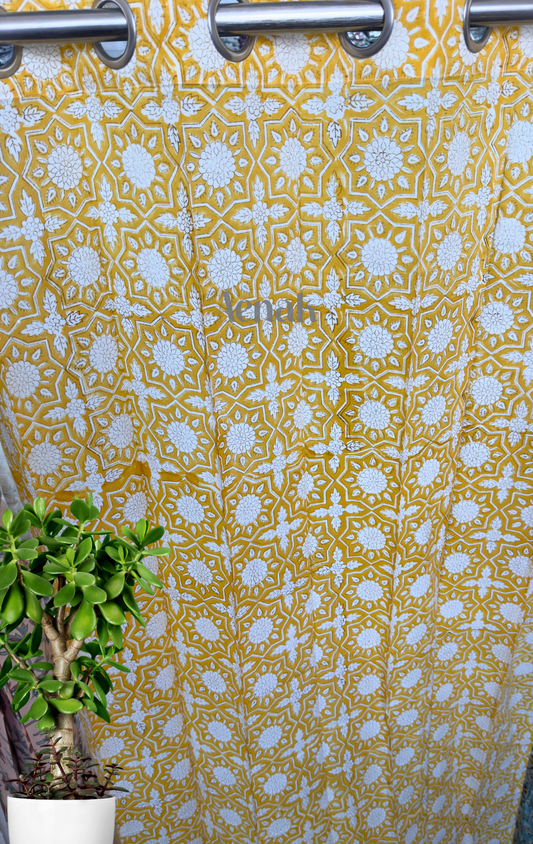Yellow & White Floral Jaal Eyelet Handblock Curtains