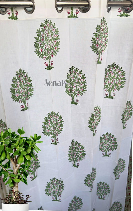 Green & Red Anaar Tree Eyelet Handblock Curtains