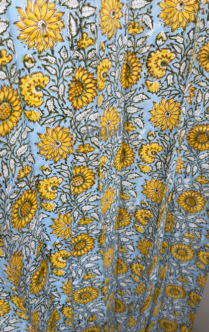 Blue Yellow Sunflower Eyelet Handblock Curtains