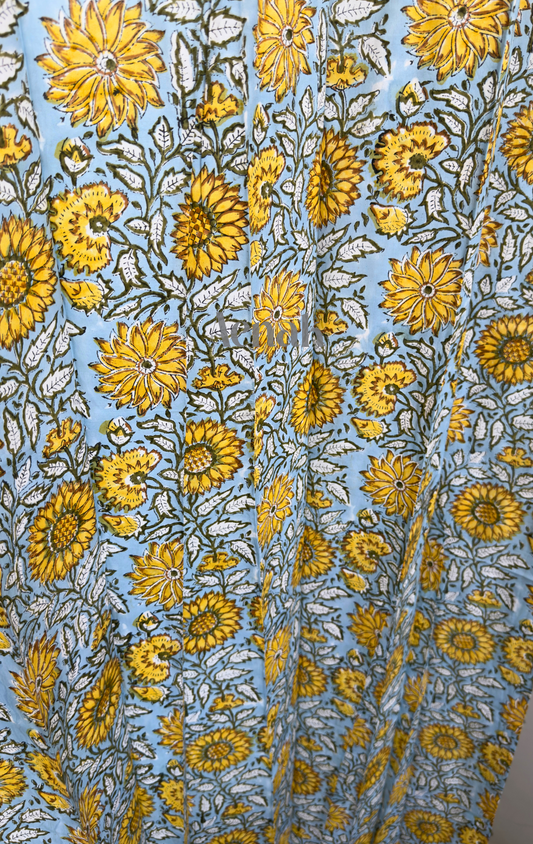 Blue Yellow Sunflower Eyelet Handblock Curtains