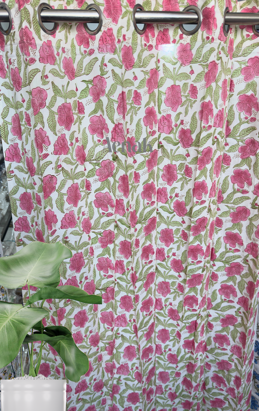 Pink & Green Floral Eyelet Handblock Curtains