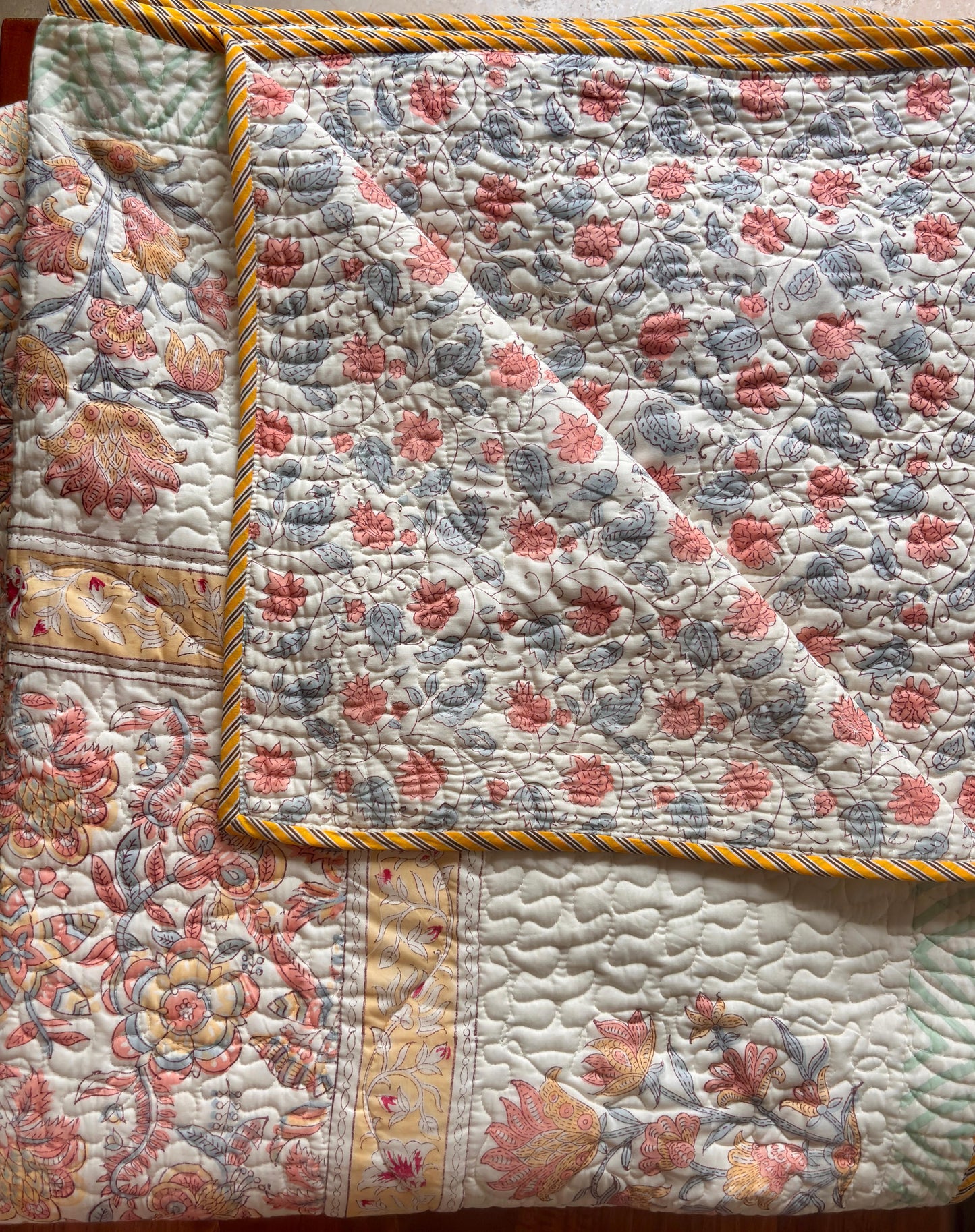 Peach Floral Jaal Handblock Printed Reversible Quilted Bedcover Set