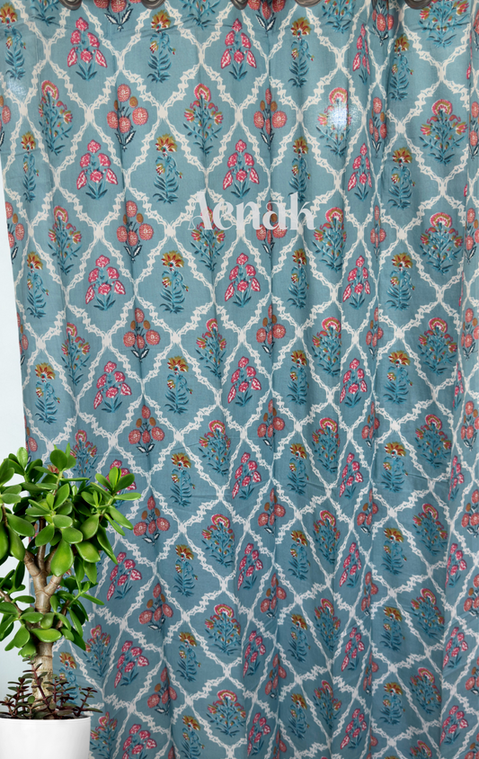 Blue & Pink Floral Jaal Eyelet Handblock Curtains