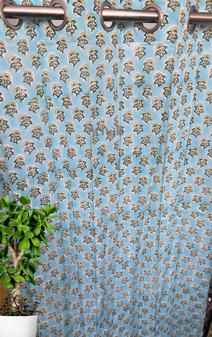 Blue Little Flower Eyelet Handblock Curtains