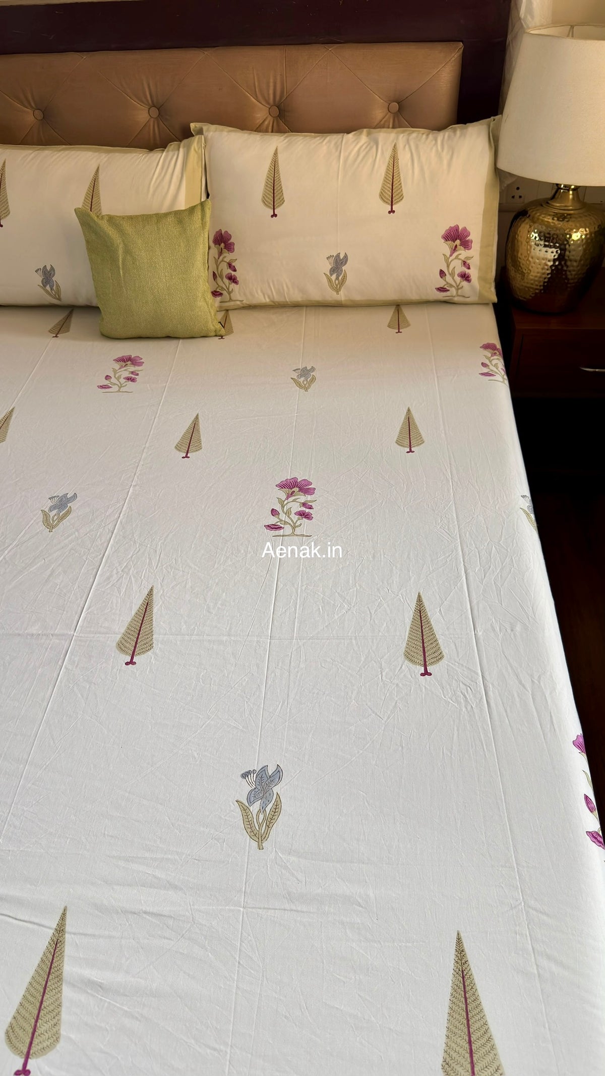 Dusty Mulberry Handblock Bedsheet + Quilted Bedcover Combo (Ivory White)