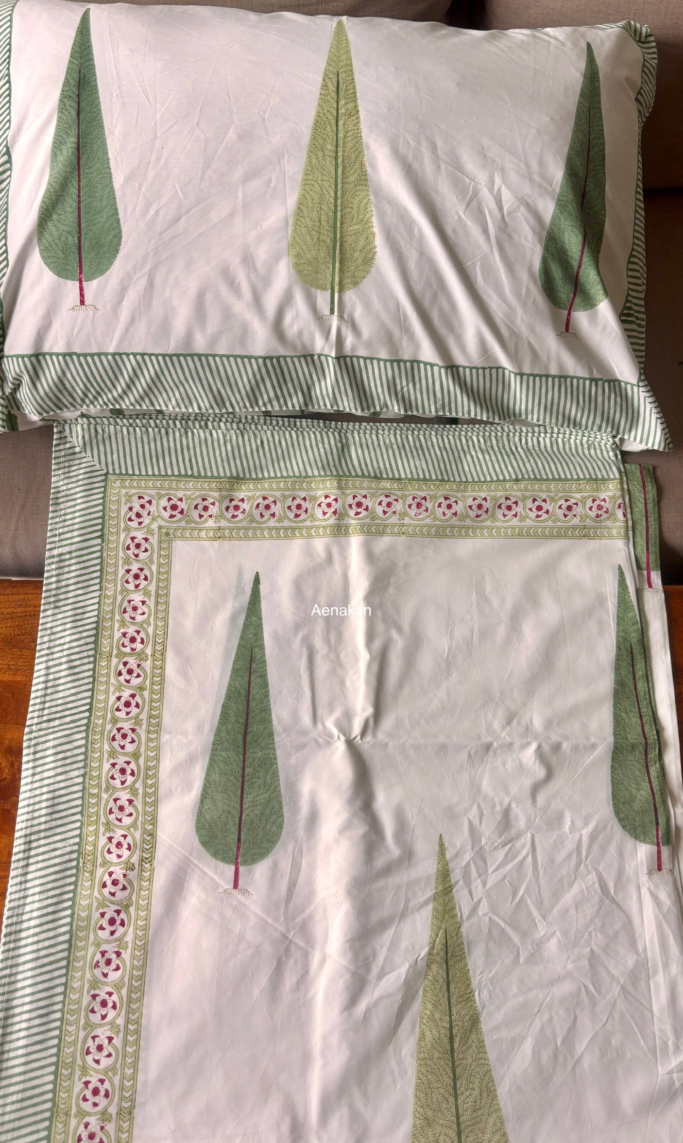 Green Cypress Handblock Bedsheet + Quilted Bedcover Combo Set
