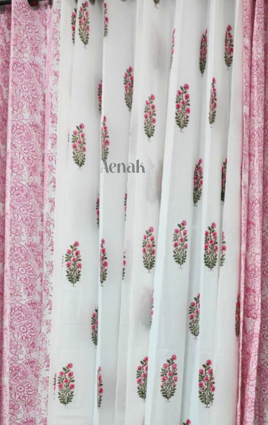 Pink & Green Floral Eyelet Handblock Curtains