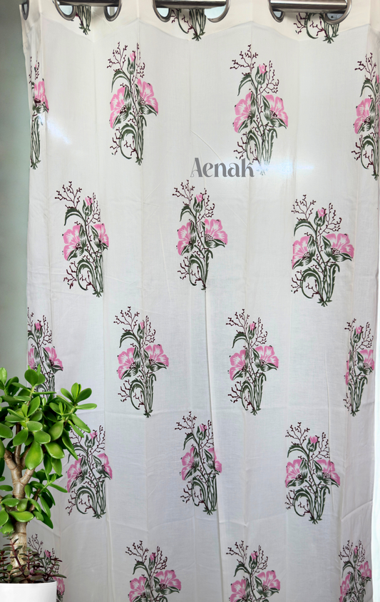 Pink & Green Hibiscus Eyelet Handblock Curtains