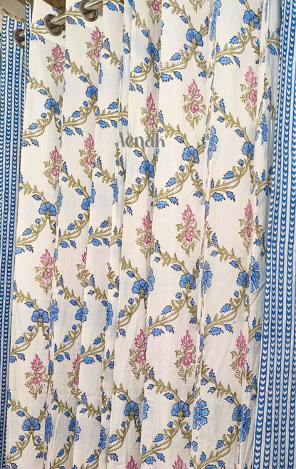 Blue & Pink Jaal Eyelet Handblock Curtains