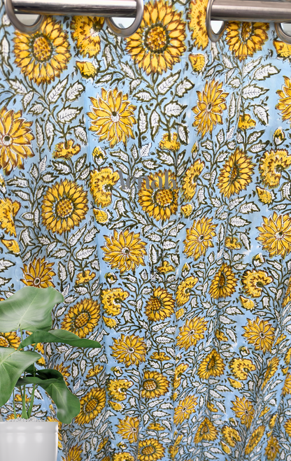 Blue Yellow Sunflower Eyelet Handblock Curtains
