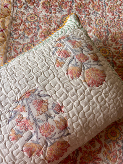 Peach Floral Jaal Handblock Printed Reversible Quilted Bedcover Set
