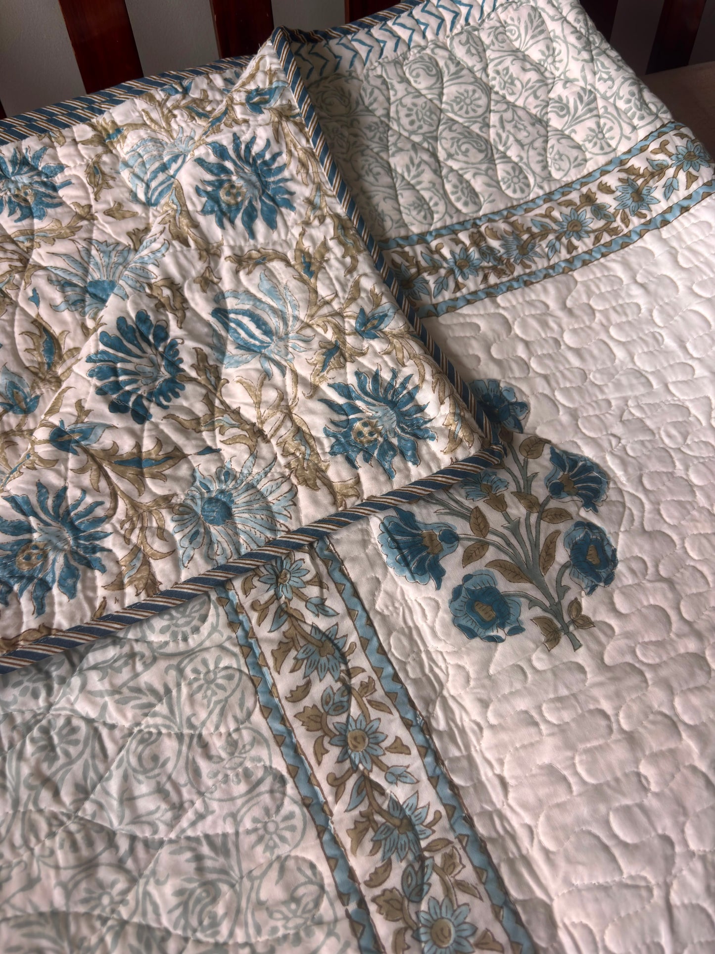 Blue Phool Boota Handblock Reversible Quilted Cotton Bedcover Set-106x108
