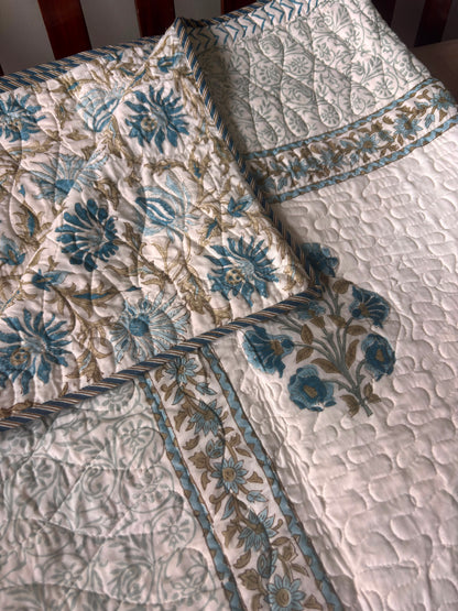 Blue Phool Boota Handblock Reversible Quilted Cotton Bedcover Set-106x108
