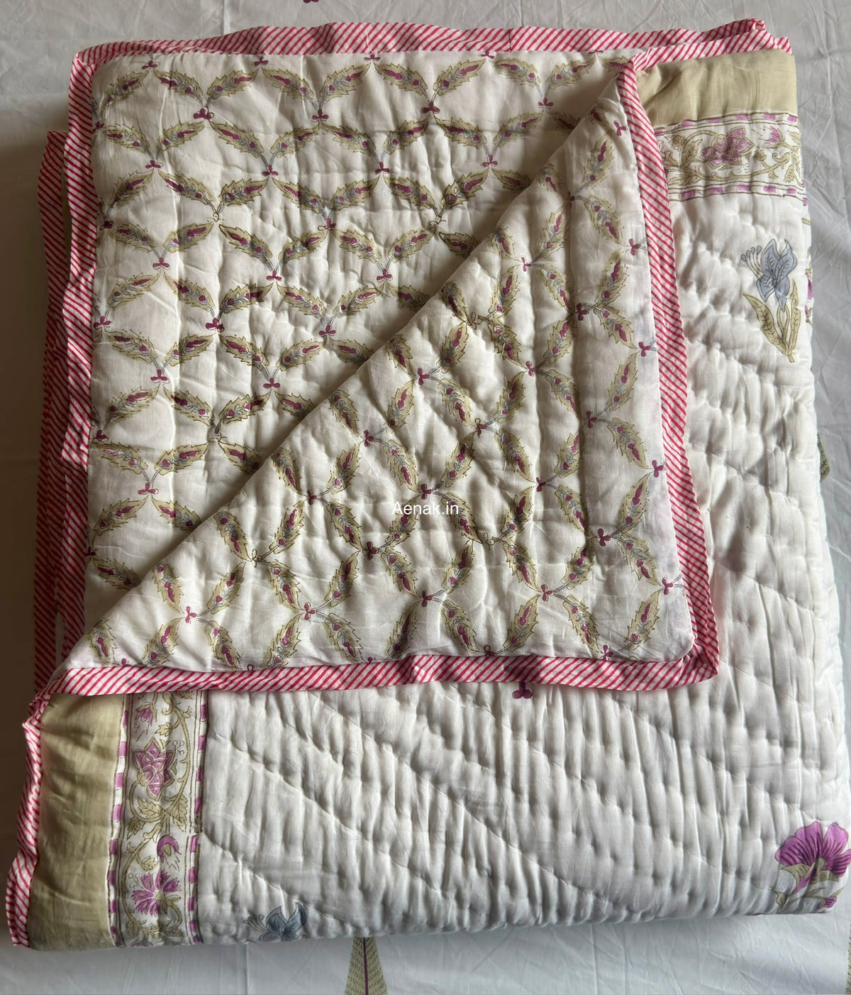 Dusty Mulberry Handblock Bedsheet + Quilt Combo Set (Ivory White)