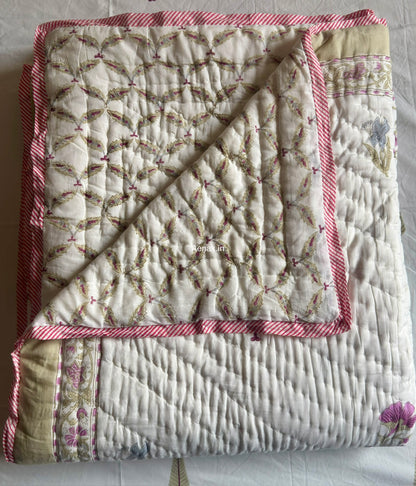 Dusty Mulberry Handblock Bedsheet + Quilt Combo Set (Ivory White)