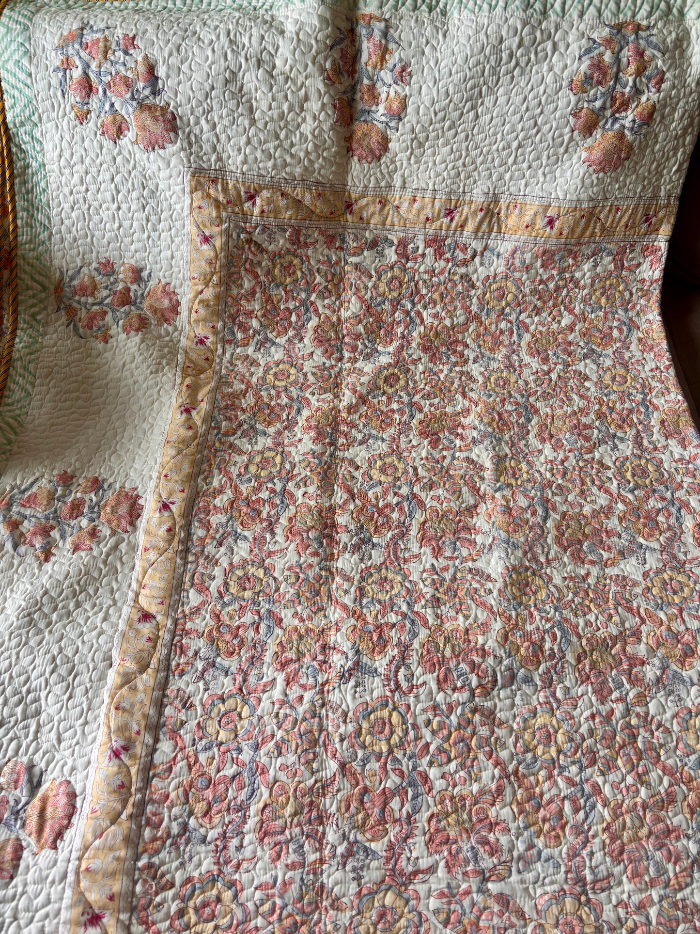 Peach Floral Jaal Handblock Printed Reversible Quilted Bedcover Set