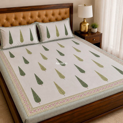 Green Cypress Handblock Bedsheet + Quilted Bedcover Combo Set
