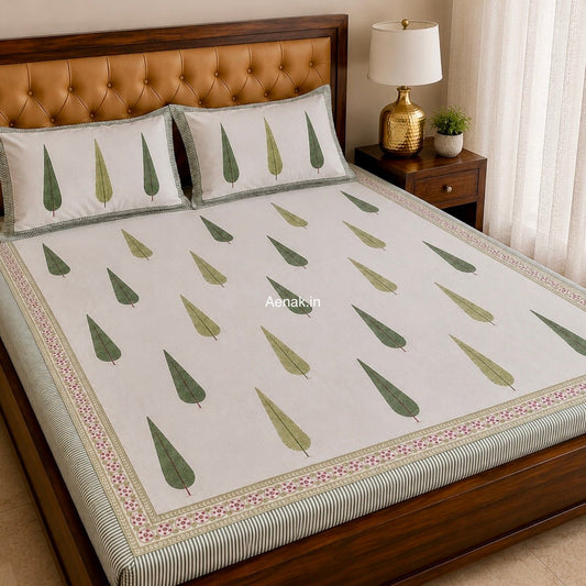 Green Cypress Handblock Premium Cotton Bedsheet Set