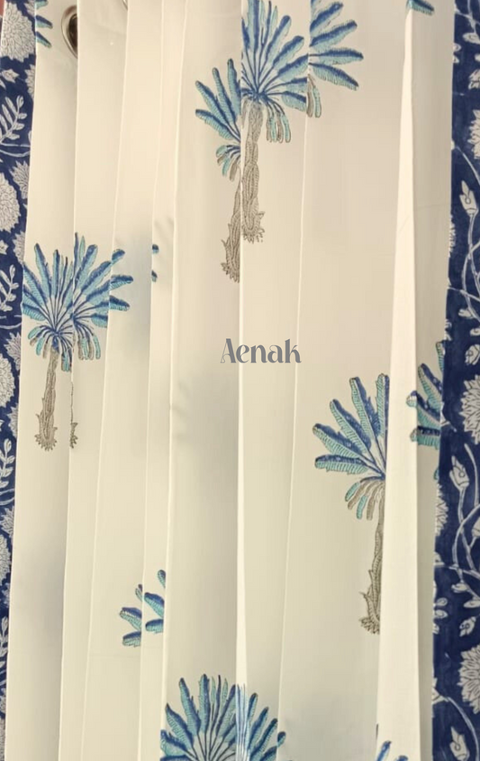 Blue Palm Eyelet Handblock Curtains