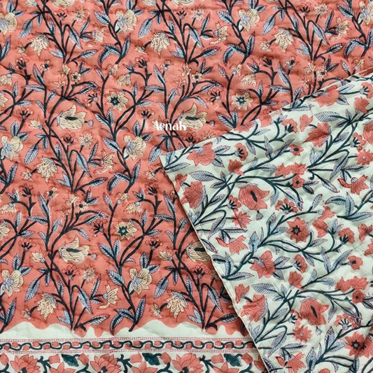 Peach & Blue Garden Handblock Printed Reversible Mulmul Cotton Quilt