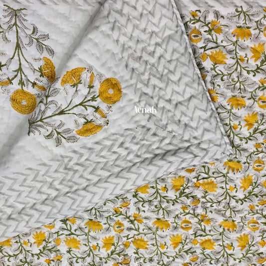Yellow Marigold Handblock Printed Reversible Mulmul Cotton Quilt