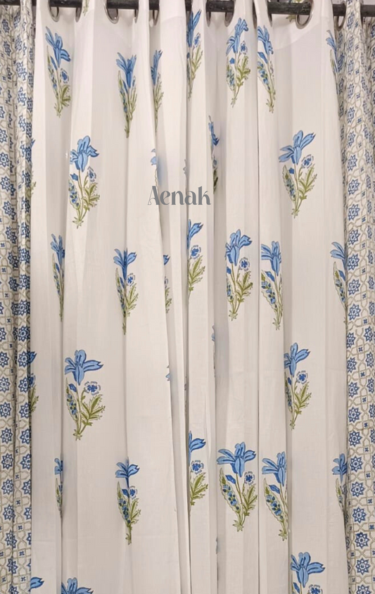 Blue Lily Eyelet Handblock Curtains
