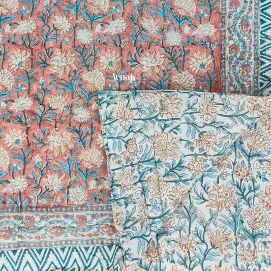 Peach & Blue Handblock Printed Reversible Mulmul Cotton Quilt
