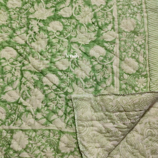 Green Garden Handblock Printed Reversible Mulmul Cotton Quilt