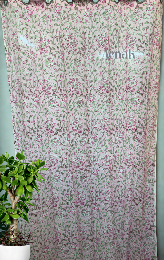 Pink & Green Jaal Eyelet Handblock Curtains (Pink Base)
