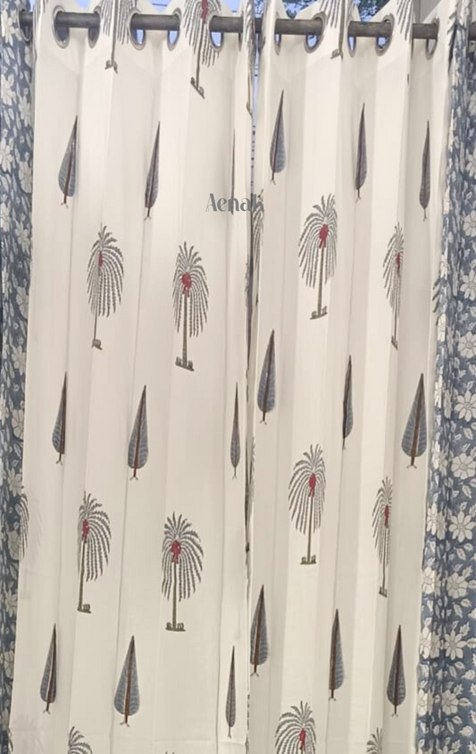 Grey Palm Eyelet Handblock Curtains