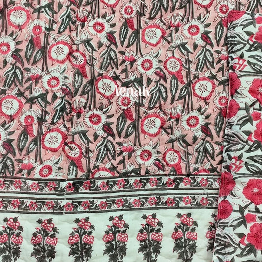 Peach Floral Handblock Printed Reversible Mulmul Cotton Quilt