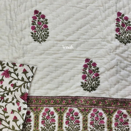 Magenta Pink Floral Boota Handblock Printed Reversible Mulmul Cotton Quilt